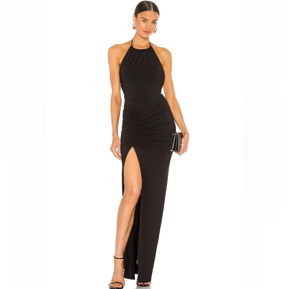 Revolve black halter neck high slit ruched dress with low back